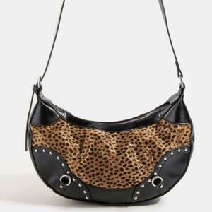 Fame Dark Spotted Leopard Print and Black Women's Shoulder Bag